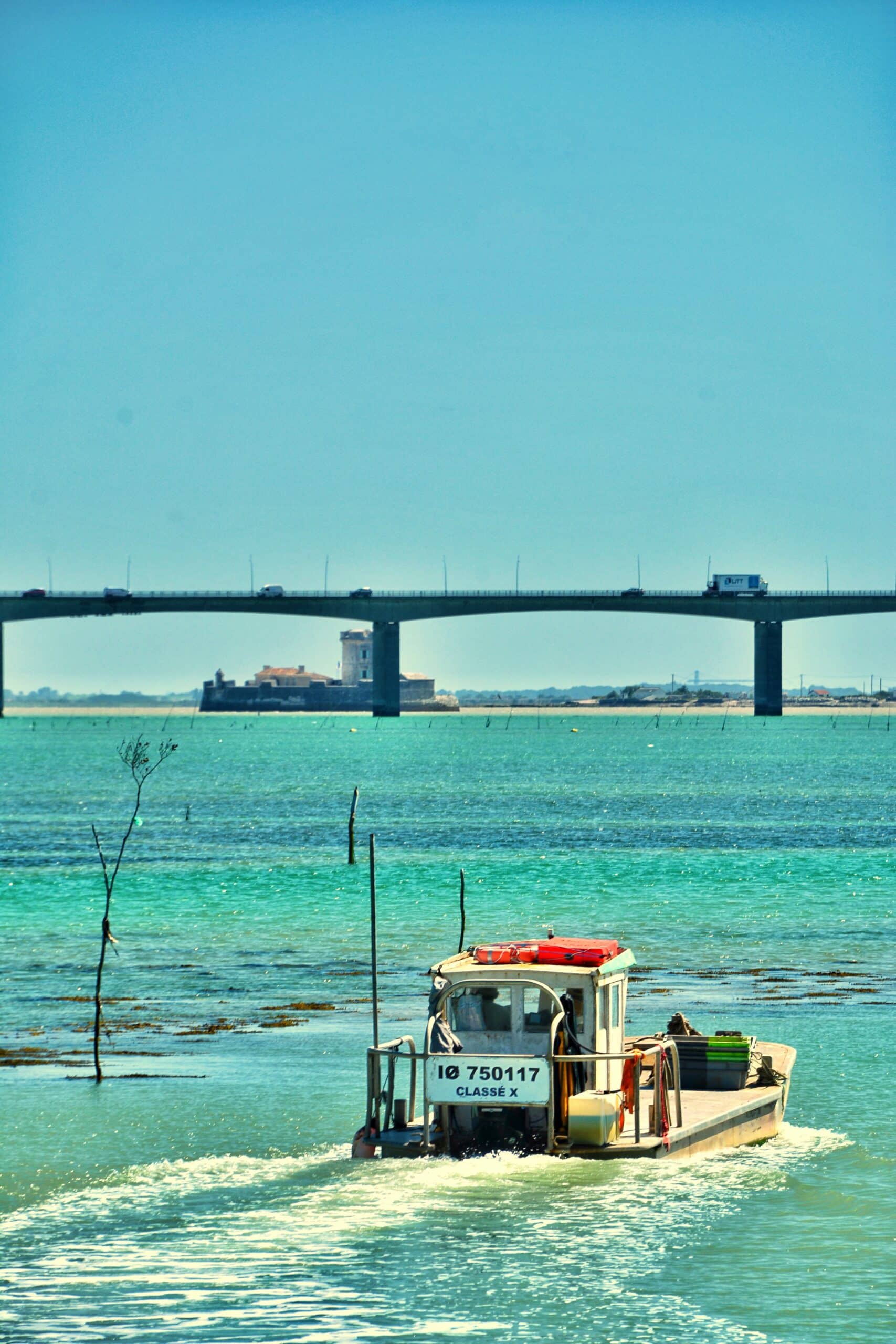 Chalan ostréicole avec vue sur le pont d'Oléron et Fort Louvois